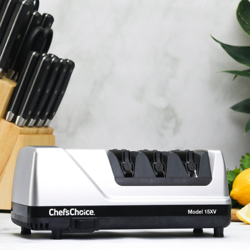 Chef's Choice 15XV Professional Electric Knife Sharpener, 3 - Stage 15 - Degree Trizor, in Platinum (0101500) - TheChefStore.Com