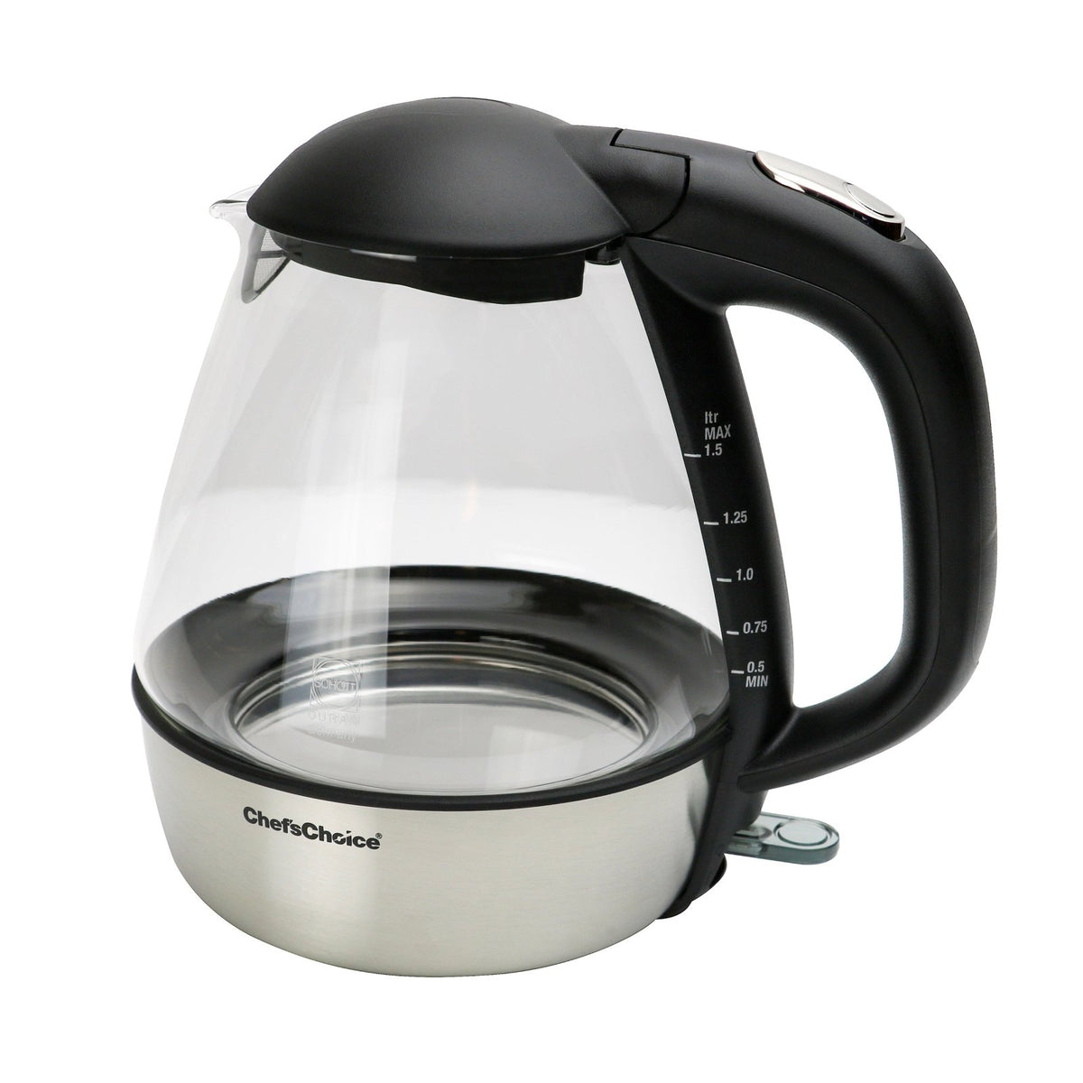 Chef's Choice 680 Cordless Electric Glass Kettle, 1.5 Liter Capacity, in Stainless Steel/Matte Black (6800001) - TheChefStore.Com