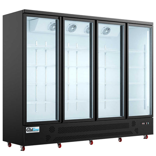 Coldline D4 - B 98" Four Glass Door Merchandiser Freezer with LED Lighting, Black - TheChefStore.Com