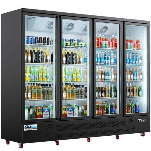 Coldline G4 - B 98" Four Glass Door Merchandiser Refrigerator with LED Lighting, Black - TheChefStore.Com