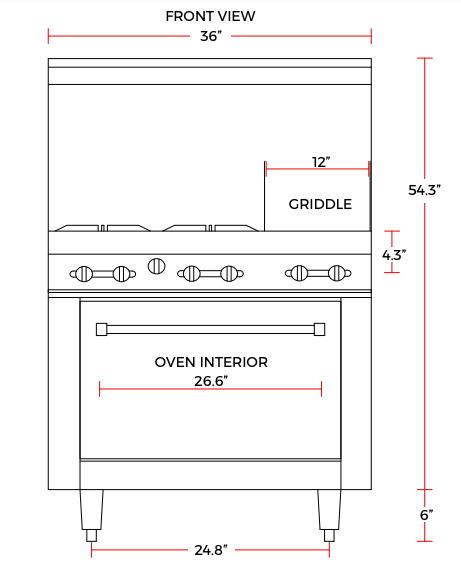 Cookline CR36 - 12G - NG 36" 4 Burner Natural Gas Range with 12" Right Side Griddle and Standard Oven, 181,000 BTU