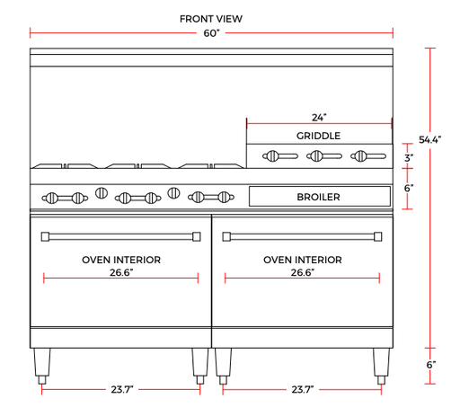 Cookline CR60 - 24RG - NG 60" 6 Burner Natural Gas Range with 2 Ovens with 24" Raised Griddle and Broiler, 278,000 BTU - TheChefStore.Com