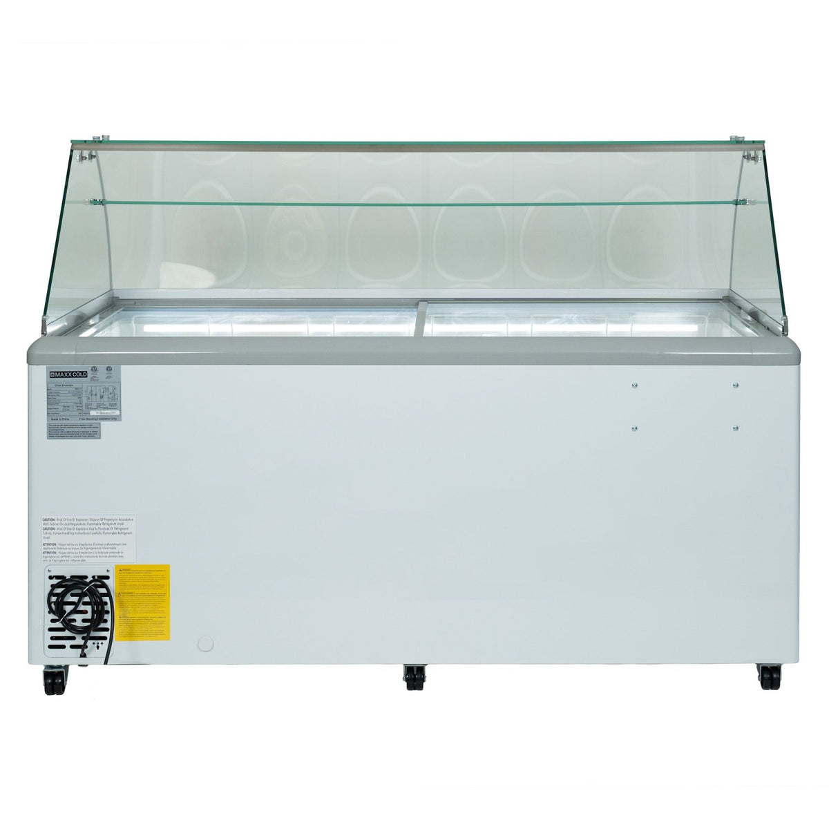 Maxx Cold MXDC - 12 X - Series Ice Cream Dipping Cabinet Freezer with Curved Glass Sneeze Guard, 70"W, 16 cu. ft. Storage Capacity, Holds up to - TheChefStore.Com