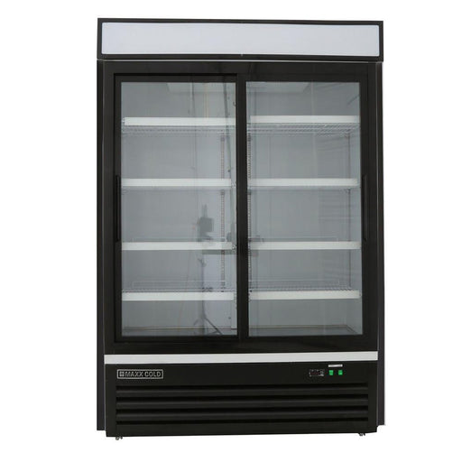 Maxx Cold MXM2 - 48RSBHC Double Glass Door Merchandiser Refrigerator, Sliding Door, 54"W, 48 cu. ft. Storage Capacity, in Black - TheChefStore.Com