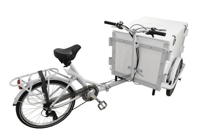Omcan Front Load Tricycle Ice Cream Bike White Frame With White Wooden Box, item 46660 - TheChefStore.Com