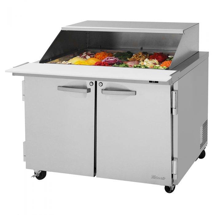 Turbo Air PST - 48 - 18 - N - SL 2 Solid Door Mega Top Refrigerated Sandwich Prep Table with Removable Slide Back Lid, 15 Cu. Ft. - TheChefStore.Com