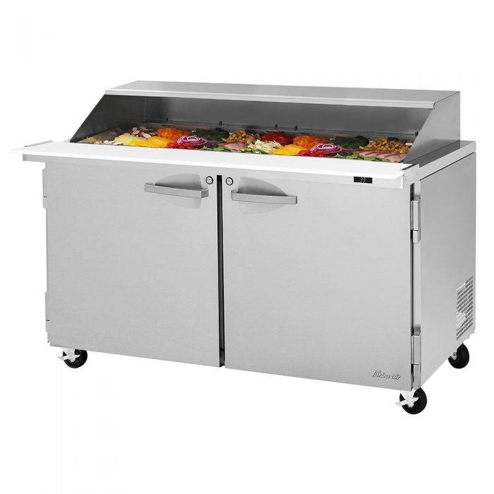 Turbo Air PST - 60 - 24 - N - SL 2 Solid Door Mega Top Refrigerated Sandwich Prep Table with Removable Slide Back Lid, 19 Cu. Ft. - TheChefStore.Com