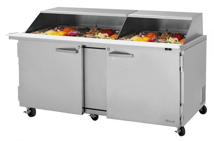 Turbo Air PST - 72 - 30 - N - SL 2 Solid Door Mega Top Refrigerated Sandwich Prep Table with Removable Slide Back Lid, 23 Cu. Ft. - TheChefStore.Com