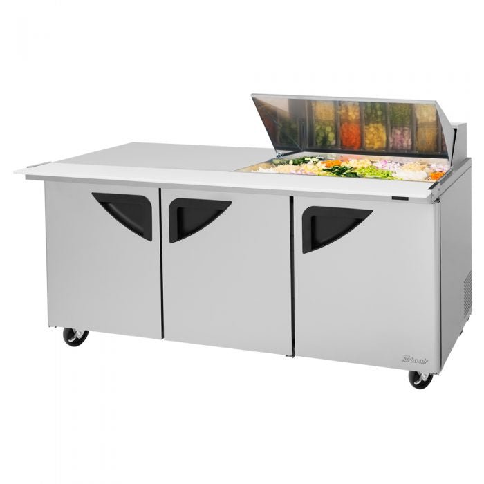 Turbo Air TST - 72SD - 18M - N 3 Solid Door Mega Top Refrigerated Sandwich Prep Table, Right or Left Worktop, 23 Cu. Ft. - TheChefStore.Com