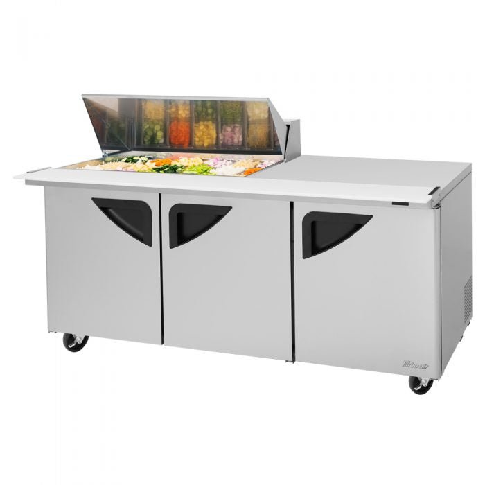 Turbo Air TST - 72SD - 18M - N 3 Solid Door Mega Top Refrigerated Sandwich Prep Table, Right or Left Worktop, 23 Cu. Ft. - TheChefStore.Com