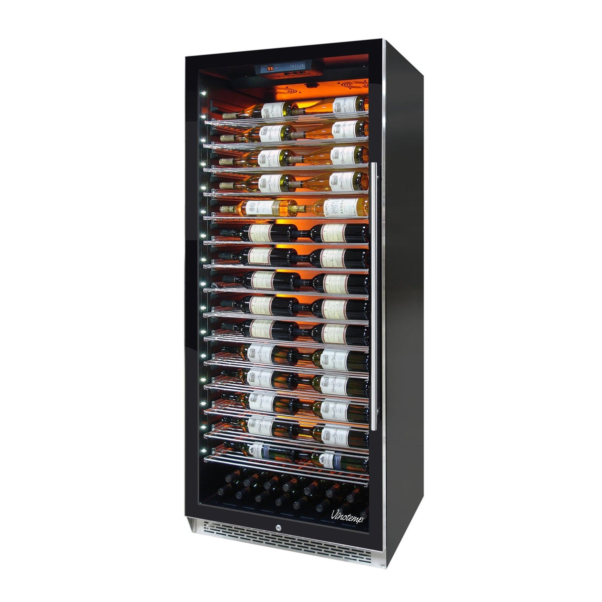 Vinotemp EL - 300COMM Backlit Series Commercial 300 Wine Cooler, Left Hinge, 188 Bottle Capacity, in Black (EL - 300COMM - L) - TheChefStore.Com