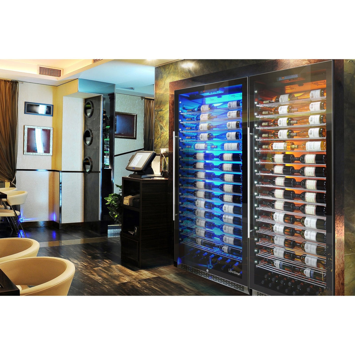 Vinotemp EL - 300COMM Backlit Series Commercial 300 Wine Cooler, Right Hinge, 188 Bottle Capacity, in Black - TheChefStore.Com