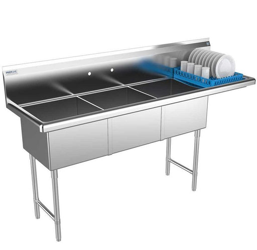 Prepline XS3C-1818-R 74" Stainless Steel Three Compartment Commercial Sink with Right Drainboard, 18" x 18" Bowls - TheChefStore.Com