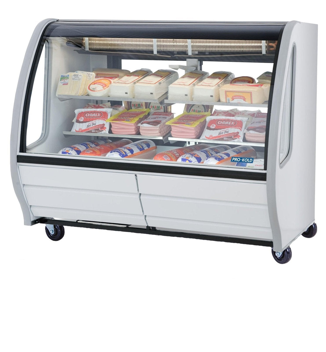Pro-kold DDC-60 56″ Curved Glass Deli Display Case, White Exterior, Stainless Steel Worktop - TheChefStore.Com
