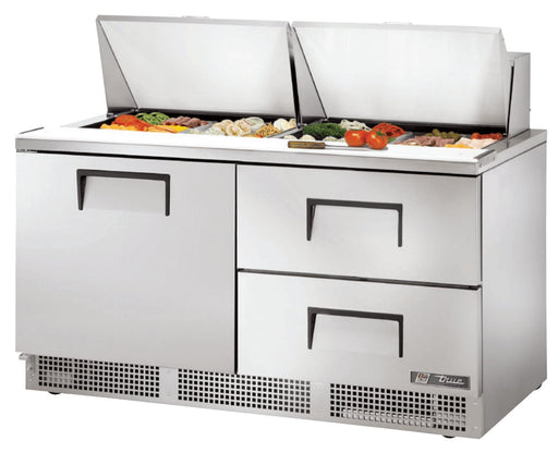 True TFP-64-24M-D-2 Sandwich Prep Table, 64 1/8" Wide, 1 Door, 2 Shelves, 24 Pans (Tops) - TheChefStore.Com