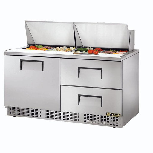 True TFP-64-24M-D-2 Sandwich Prep Table, 64 1/8" Wide, 1 Door, 2 Shelves, 24 Pans (Tops) - TheChefStore.Com