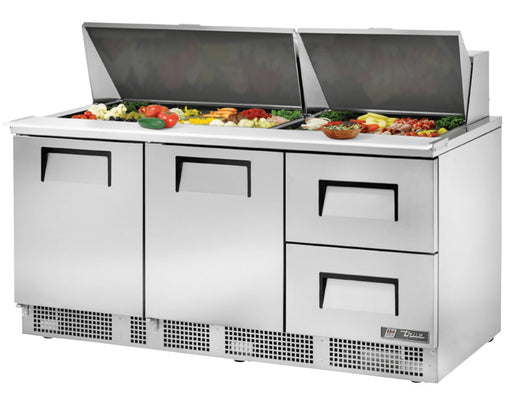 True TFP-72-30M-D-2 Sandwich Prep Table, 72 1/8" Wide, 2 Doors, 4 Shelves, 30 Pans (Tops) - TheChefStore.Com