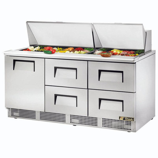 True TFP-72-30M-D-4 Sandwich Prep Table, 72 1/8" Wide, 1 Door, 2 Shelves, 30 Pans (Tops) - TheChefStore.Com