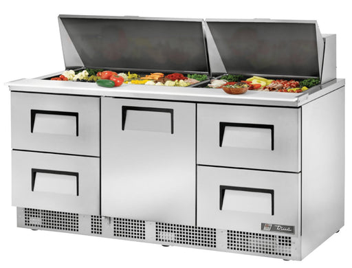 True TFP-72-30M-D-4 Sandwich Prep Table, 72 1/8" Wide, 1 Door, 2 Shelves, 30 Pans (Tops) - TheChefStore.Com