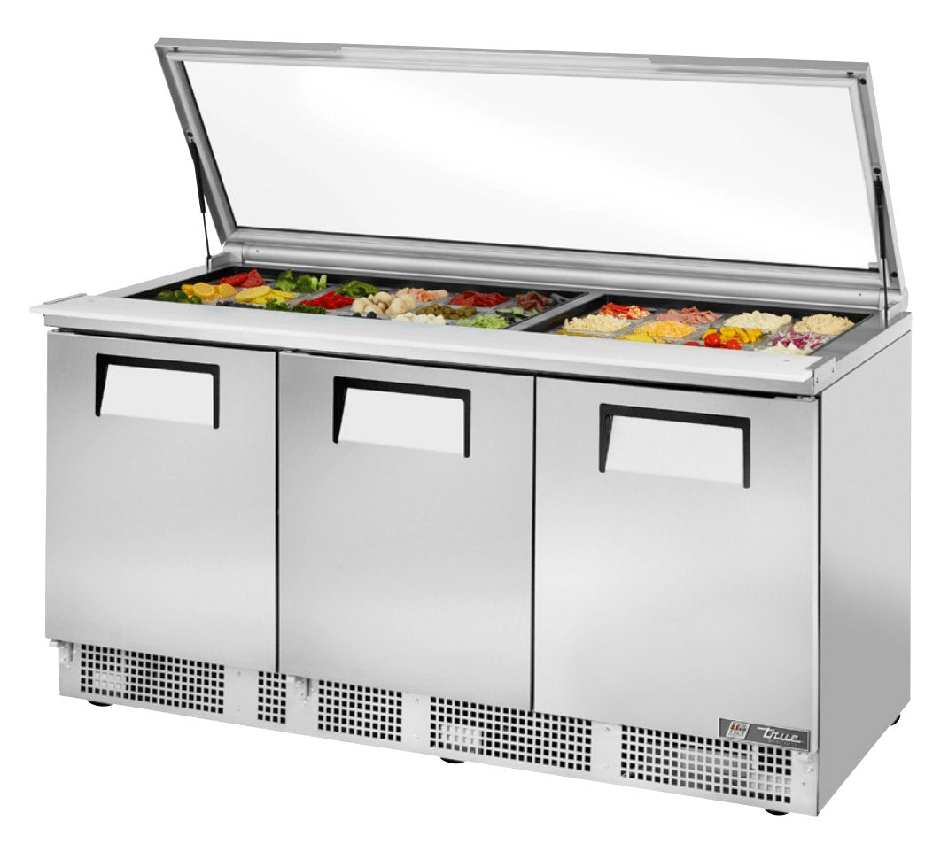 True TFP-72-30M-FGLID Sandwich Prep Table, 72 1/8" Wide, 3 Doors, 6 Shelves, 30 Pans (Tops) - TheChefStore.Com