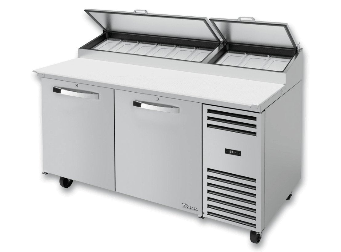 True TPP-AT-67-HC~SPEC3 Pizza Prep Table, 67 3/8" Wide, 2 Doors, 4 Shelves, 9 Pans (Tops) - TheChefStore.Com