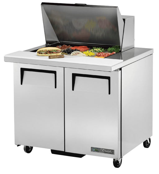 True TSSU-36-12M-B-HC Sandwich Prep Table, 36 3/8" Wide, 2 Doors, 4 Shelves, 12 Pans (Tops) - TheChefStore.Com