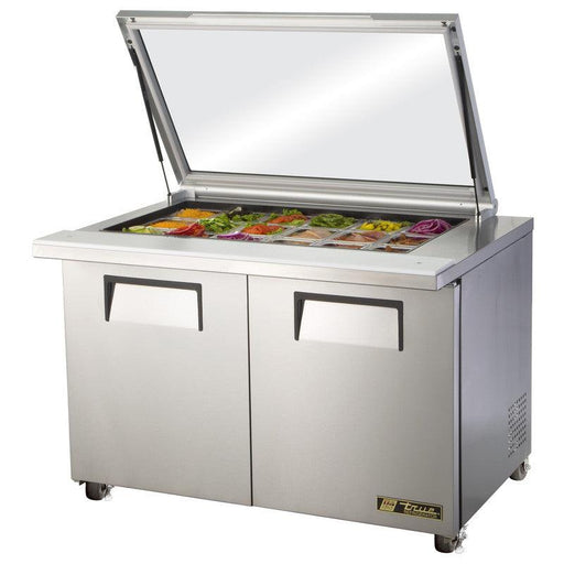 True TSSU-48-18M-B-FGLID-HC Sandwich Prep Table, 48 3/8" Wide, 2 Doors, 4 Shelves, 18 Pans (Tops) - TheChefStore.Com