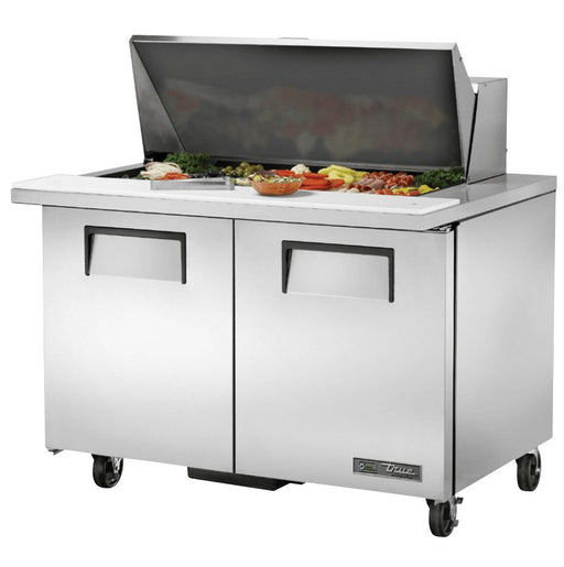 True TSSU-48-18M-B-HC Sandwich Prep Table, 48 3/8" Wide, 2 Doors, 4 Shelves, 18 Pans (Tops) - TheChefStore.Com