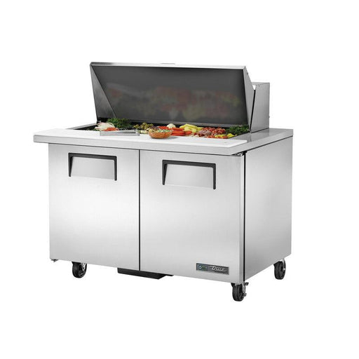 True TSSU-48-18M-B-HC Sandwich Prep Table, 48 3/8" Wide, 2 Doors, 4 Shelves, 18 Pans (Tops) - TheChefStore.Com