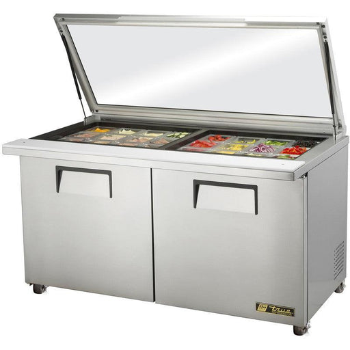 True TSSU-60-24M-B-ST-FGLID-HC Sandwich Prep Table, 60 3/8" Wide, 2 Doors, 4 Shelves, 24 Pans (Tops) - TheChefStore.Com