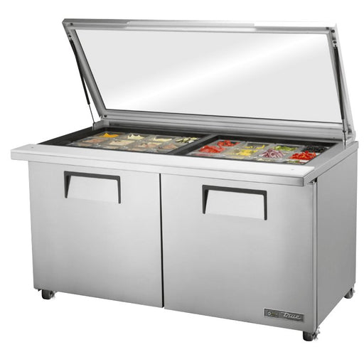 True TSSU-60-24M-B-ST-FGLID-HC Sandwich Prep Table, 60 3/8" Wide, 2 Doors, 4 Shelves, 24 Pans (Tops) - TheChefStore.Com