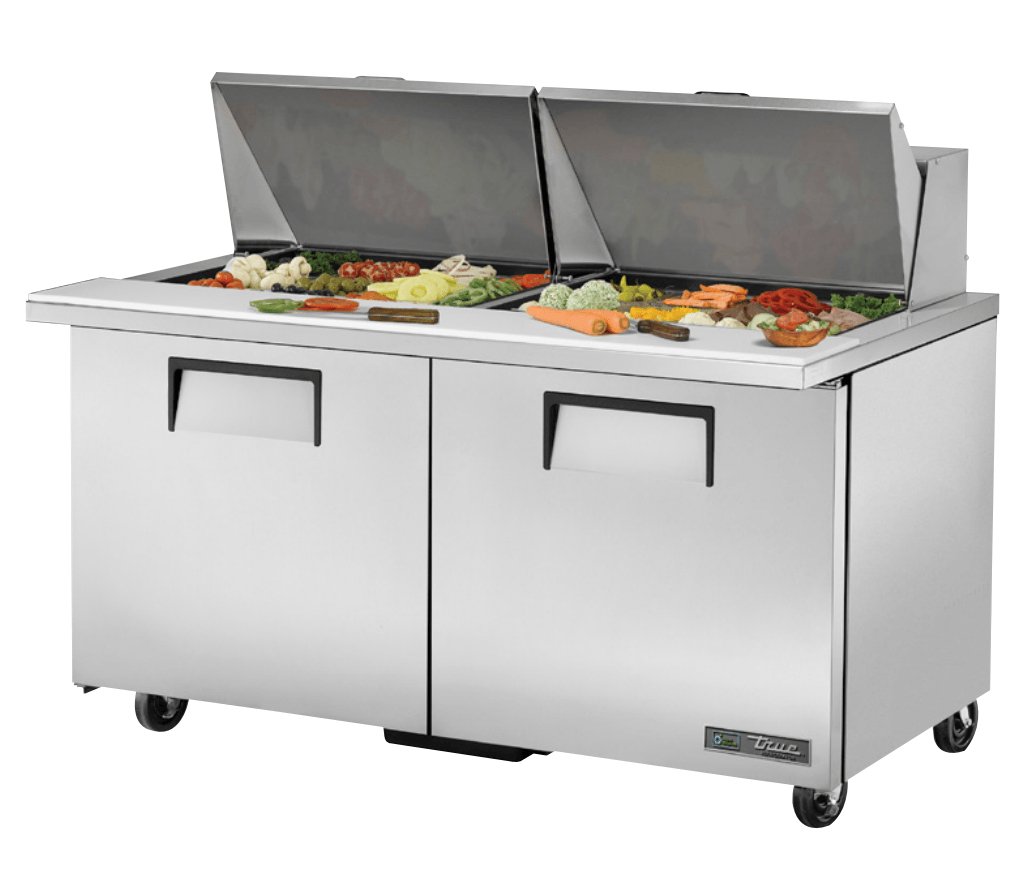 True TSSU-60-24M-B-ST-HC Sandwich Prep Table, 60 3/8" Wide, 2 Doors, 4 Shelves, 24 Pans (Tops) - TheChefStore.Com