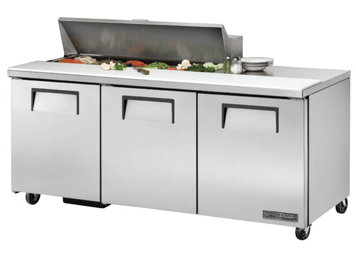 True TSSU-72-12-HC Sandwich Prep Table, 72 3/8" Wide, 3 Doors, 6 Shelves, 12 Pans (Tops) - TheChefStore.Com