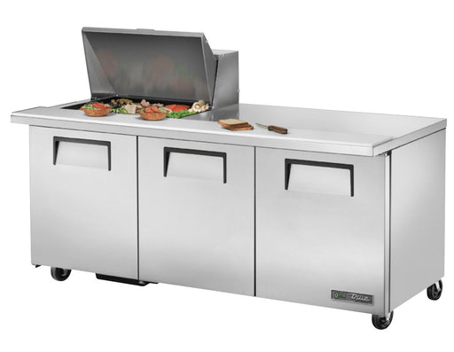 True TSSU-72-12M-B-HC Sandwich Prep Table, 72 3/8" Wide, 3 Doors, 6 Shelves, 12 Pans (Tops) - TheChefStore.Com