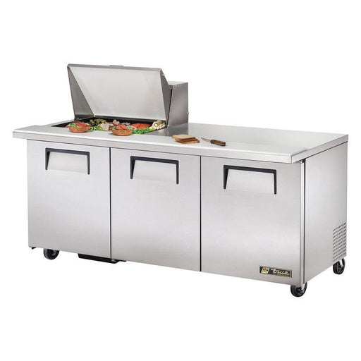 True TSSU-72-12M-B-HC Sandwich Prep Table, 72 3/8" Wide, 3 Doors, 6 Shelves, 12 Pans (Tops) - TheChefStore.Com