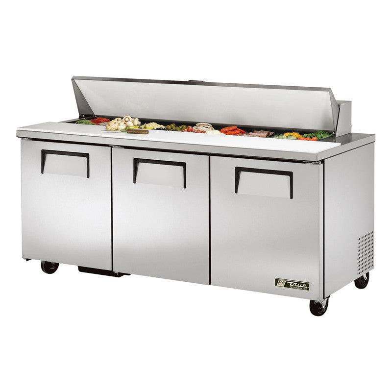 True TSSU-72-18-HC Sandwich Prep Table, 72 3/8" Wide, 3 Doors, 6 Shelves, 18 Pans (Tops) - TheChefStore.Com