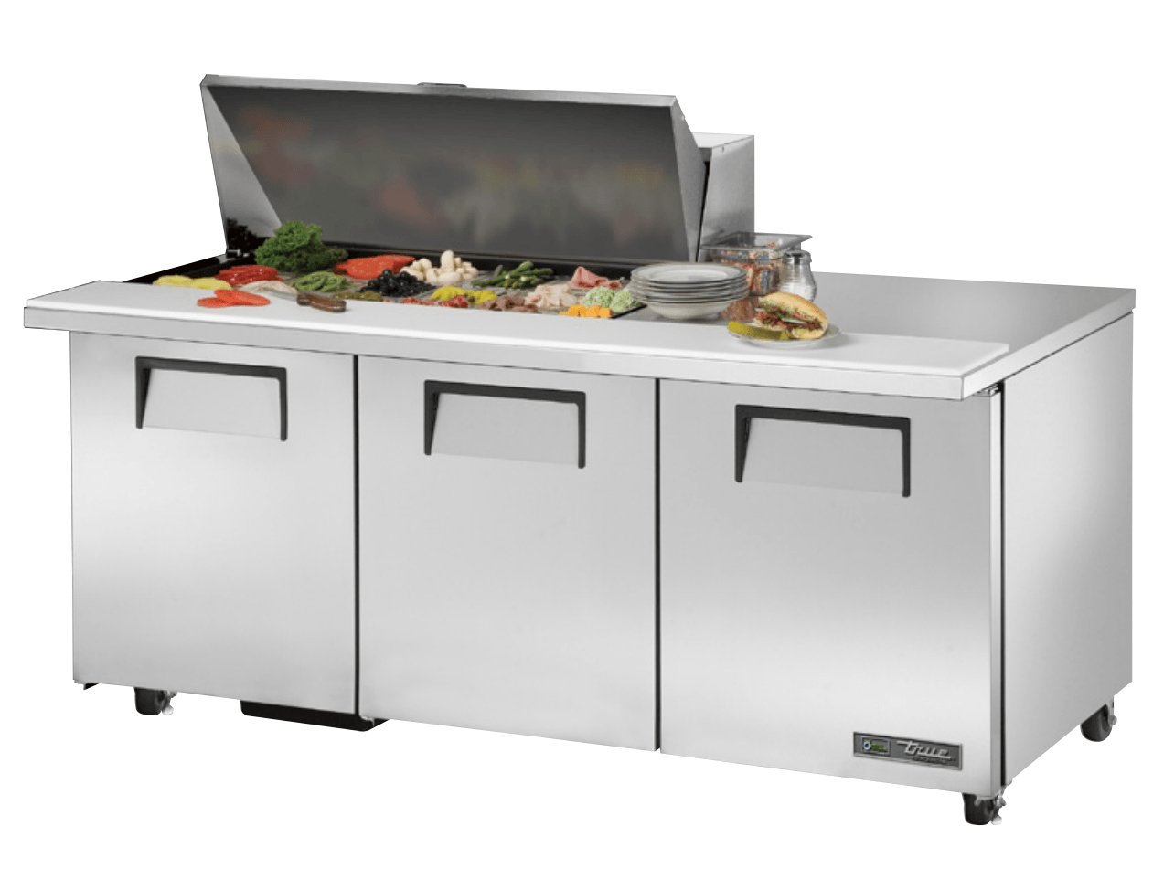 True TSSU-72-18M-B-ADA-HC Sandwich Prep Table, 723/8" Wide, 3 Doors, 6 Shelves, 18 Pans (Tops) - TheChefStore.Com