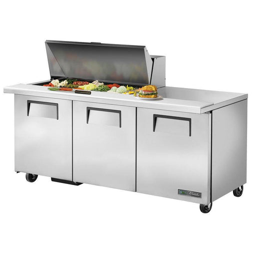 True TSSU-72-18M-B-HC Sandwich Prep Table, 72 3/8" Wide, 3 Doors, 6 Shelves, 18 Pans (Tops) - TheChefStore.Com