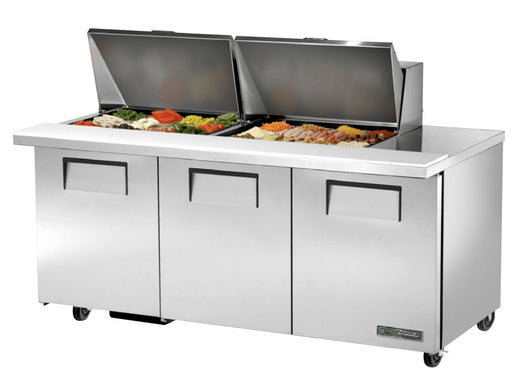 True TSSU-72-24M-B-ST-HC Sandwich Prep Table, 72 3/8" Wide, 3 Doors, 6 Shelves, 24 Pans (Tops) - TheChefStore.Com