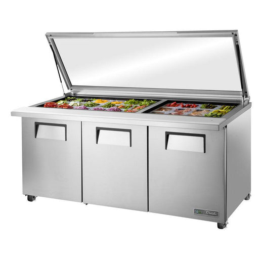 True TSSU-72-30M-B-ST-FGLID-HC Sandwich Prep Table, 72 3/8" Wide, 3 Doors, 6 Shelves, 30 Pans (Tops) - TheChefStore.Com